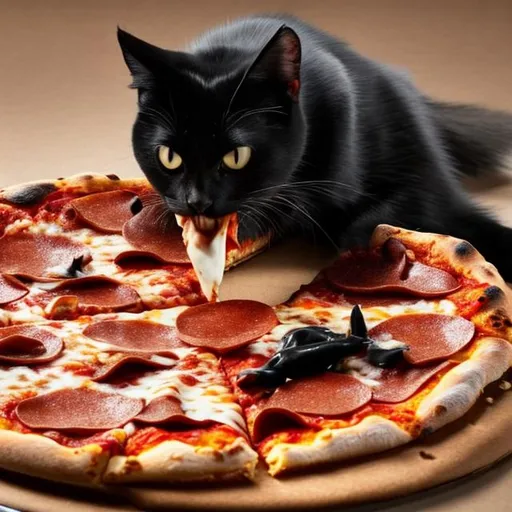 Prompt: A black cat eating pizza