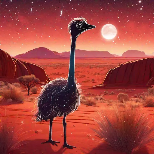 Prompt: A chibi translucent emu that is glowing, in a red desert near Uluru, beneath the stars, bioluminescent, highres, best quality, concept art