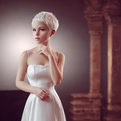 Prompt: Girl with short white hair In a short black evening dress