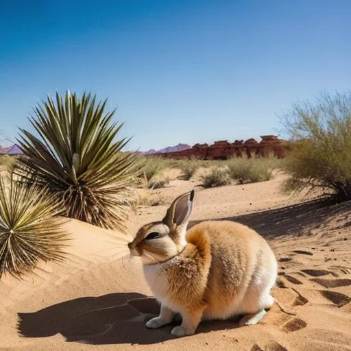 Prompt: The Dunespring has a sleek and streamlined design, reminiscent of a rabbit, with an added touch of desert-inspired elements. Its body is covered in a soft, sandy-colored fur that camouflages seamlessly with its desert habitat. The fur has a fine texture, resembling the grains of sand, and it shimmers under the sunlight, providing excellent heat reflection.

The ears of the Dunespring are elongated and pointed, resembling the iconic ears of a rabbit. They are lined with a thin layer of fine hairs that protect them from the blowing sand and help regulate the creature's body temperature. The ears can be turned in different directions, enabling the Dunespring to detect even the slightest sound.

The Dunespring's eyes are large and round, adapted for keen vision in the desert environment. They have a warm, amber hue that matches the golden sands of its habitat. These eyes are highly perceptive, allowing the Dunespring to spot predators or potential sources of food from a distance.

One of the most striking features of the Dunespring is its tail, which resembles a plume of swirling sand. The tail is long and flexible, often held high in a graceful arch. It aids in balance and stability while running through the shifting sands, and its mesmerizing appearance adds to the creature's overall charm.

In terms of behavior, the Dunespring is cautious and observant. It is constantly on the lookout for potential dangers, relying on its exceptional senses to detect any signs of danger. When threatened, it can swiftly burrow into the sand, disappearing within seconds and leaving behind only a faint trace of its presence.

The Dunespring is a symbol of adaptability and resilience, perfectly suited to survive in the harsh desert landscape. Its agile movements, keen senses, and sand-like appearance make it a remarkable creature that embodies the spirit of the arid wilderness.