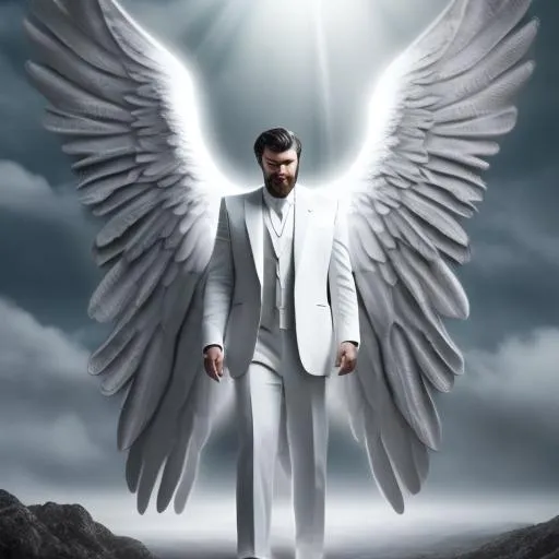 Prompt: photo of a real life angel coming down from heaven, big white angel wings, dark grey three-piece suit, soft lighting, outdoors, vibrant color scheme, front view, movie poster style