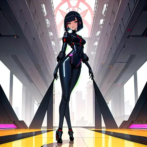 Prompt: a lonely AI girl, very tall, thick thighs, wide hips, long legs, slender arms, slender waist, big beautiful symmetrical eyes, intriguingly beautiful face, aloof expression, bob haircut with bangs, wearing Hyperfuturist Brutalist Anti-Human AI-Supremacy fashion clothes, high fashion, 12K resolution, hyper quality, hyper-detailed, hyper-realistic, hyper-professional