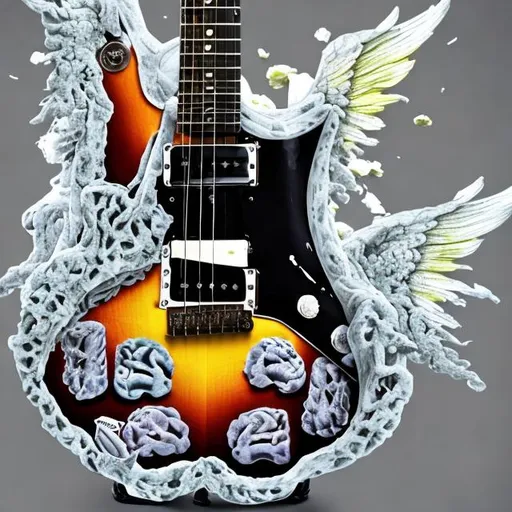 Prompt: a guitar made out of brains, with wings of yoghurt