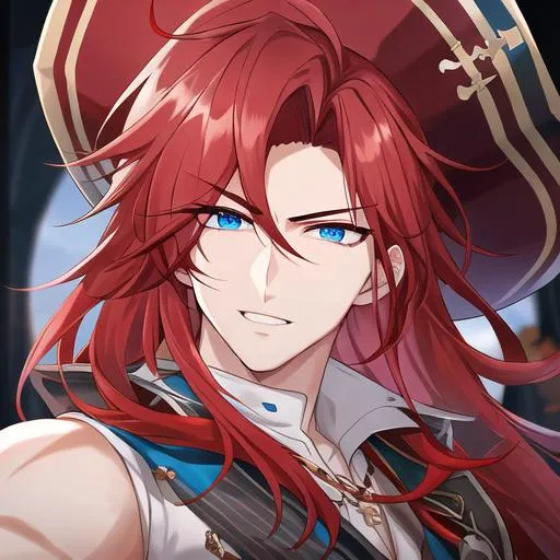 Prompt: Zerif 1male (Red side-swept hair falling between the eyes, sharp and stern blue eyes), highly detailed face, 8K, Insane detail, best quality, UHD, handsome, flirty, muscular, Highly detailed, insane detail, high quality. wearing a pirate hat, and a pirate outfit