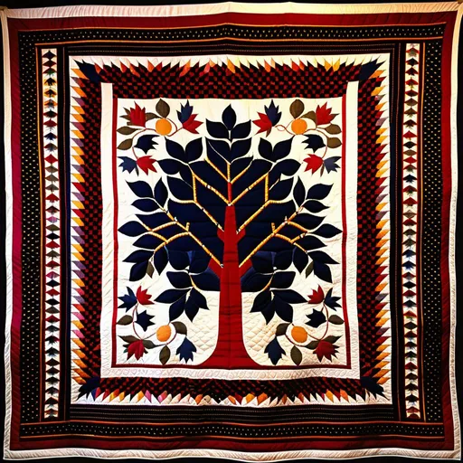 Prompt: 19th century quilt with ghorks, filledots, swegmots, and chalnes, a French quilne borders a speg tree, four swarcks arranged in a flyover in the center 