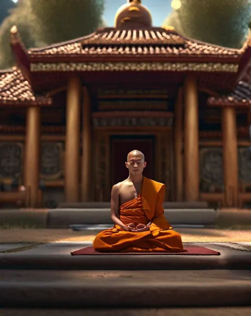 Prompt: A medium shot of a A lone Serene Buddhist monk meditates sitting in the full lotus position, in front of a Buddhist monestary.  His face is beautiful and peaceful, ultra detailed, highly detailed scenario, photorealistic, intricate, masterpiece, UHD, HDR, symmetric, coherent, epic detail, stunning, beautiful, ,lumen render ,lumen path tracing ,path tracing light ,path tracing shadow ,path tracing special fx, 