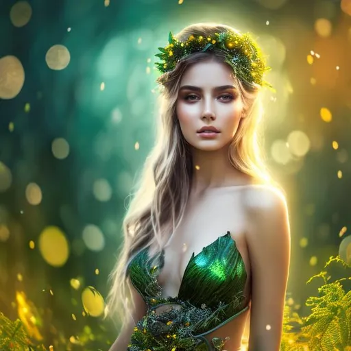 Prompt: HD 4k 3D 8k professional modeling photo hyper realistic beautiful woman ethereal greek goddess of the earth Mother Earth
dark green hair hazel eyes gorgeous face olive skin green and yellow and brown shimmering dress full body jewelry flower crown surrounded by magical glowing light hd landscape background of enchanting mystical forest plants vegetation flowers fruit 