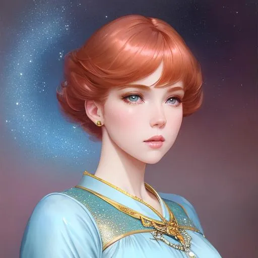 Prompt: big lips, short ginger hair, Girl with white skin,  clear eyes, wearing a glittering dark light blue dress, extremely detailed, novel realistic. Krenz Cushart + loish +gaston bussiere +craig mullins, j. c. leyendecker +Artgerm, oil painting texture oil painting effect. pink medieval dress with long sleeves,