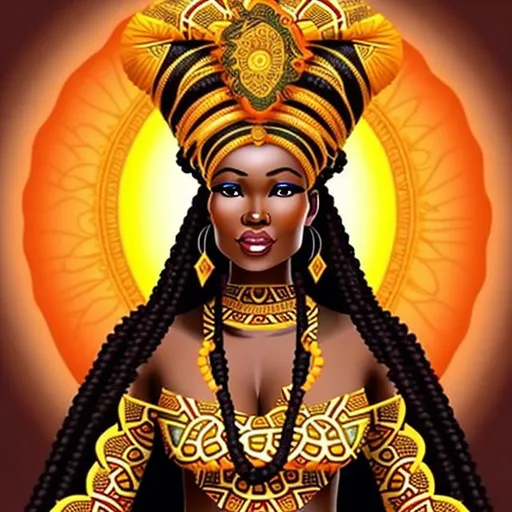 Prompt: Beautiful black goddess wearing traditional African royalty clothes, she is a sun goddess and very regal