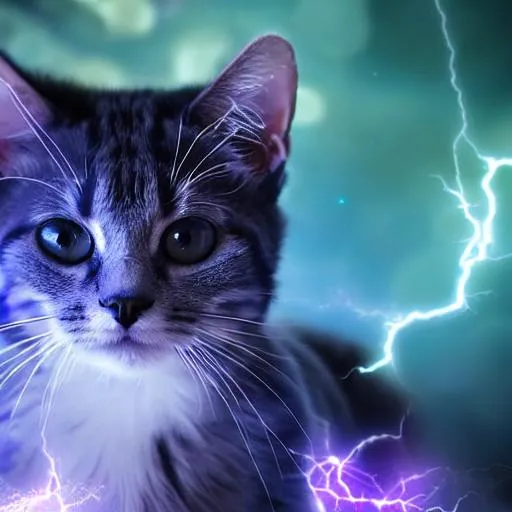 Prompt: Neon, cat, purple, blue eyes, galaxy background, full body, looking at screen, beautiful, fantasy, purple and blue fur, lightning, cute, adorable, middle of screen 