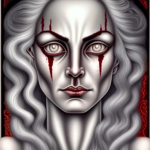 Prompt:  In the style of Alex Grey,  beautiful woman, Gray hair with blood stains, Gray-colored eyes, haunting look, sharp teeth, art deco style, in the style of Botticelli