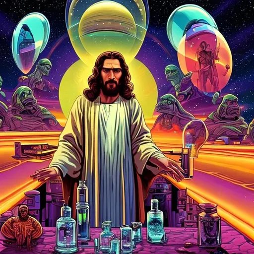 Prompt: widescreen, photo, painting, longshot, wide view, overhead lighting, infinity vanishing point, jesus with his alien jesus brother smoking a clear crystal bong at the bar, in an exotic space cantina, vibrant galaxy background, surprise me