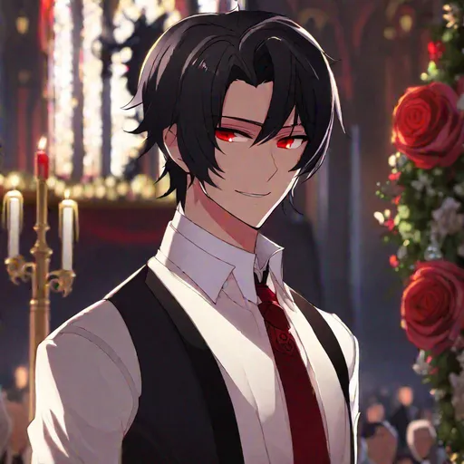 Prompt: Damien  (male, short black hair, red eyes) demon form, wearing a tuxedo, standing at the altar, grinning seductively
