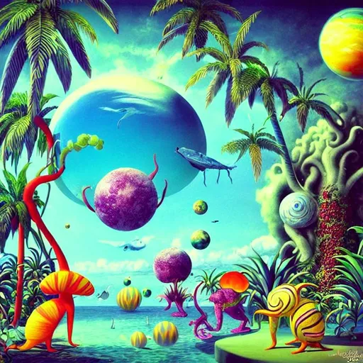 strange planet, whimsical creatures, tropical flower... | OpenArt