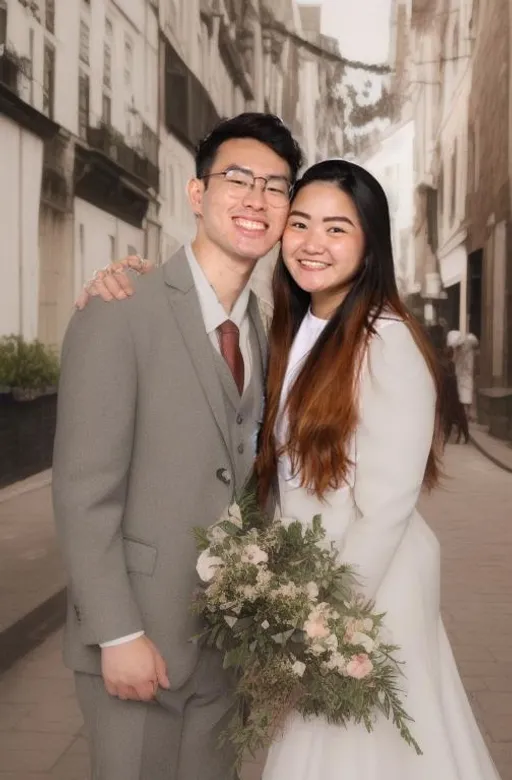 Prompt: professional photo of couple in wedding suits, black tuxedo, white wedding dress, wedding photoshoot, natural sunlight, in the middle of the road in victorian street, wide crowded city with many people, outdoors, UHD, HDR, 64k, highly detailed, long shot