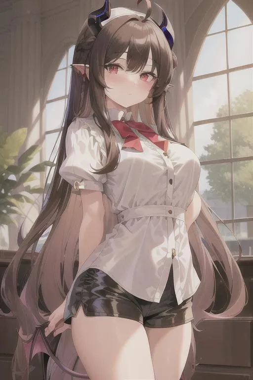 Prompt: (masterpiece, illustration, best quality:1.2), 1girl, solo, (normol body, white blouse, dark brown shorts:1.3), long hairs, bangs,,succubus wing,succubus tail ,succubus horn, playful demeanor, ruffles, red eyes, black hair,white ribbon,ahoge, finely detailed, detailed face, toned face, beautiful detailed eyes, beautiful detailed shading, beautifully detailed background, rainstorm 