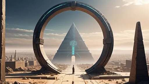 Prompt: small circular portal in the distance, gateway between cities realms worlds kingdoms, ring standing on edge, freestanding ring, hieroglyphs on ring, complete ring, obelisks, pyramids, futuristic towers, large wide-open city plaza, panoramic view, futuristic cyberpunk dystopian setting