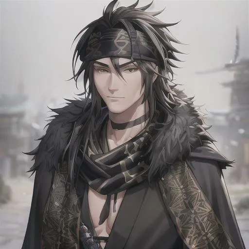 Prompt: A highly realistic and extremely detailed face full body portrait of an 18 year old stripling elf male character from Warcraft. Wearing a black cloak over his vagabond samurai kimono that he wears under and also wearing an intricate patterned bandana on his head and wearing a Cotton Shemagh Tactical Desert Scarf Wrapped on his neck. The character should be modeled after an fantastical Ronin young prince with handsome long, messy, and wavy silvery black hair, thin arched eyebrows, and striking golden eyes. The artwork should be created in either 4K or 16K resolution and should be of photo realistic quality."
((Width: 512)), ((Height: 627)))