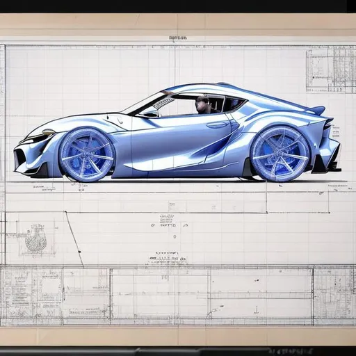 Prompt: highly detailed blueprint draft paper using the golden ratio to design a hydrogen compact concept car 2 seater for the year 2030 by Toyota Supra