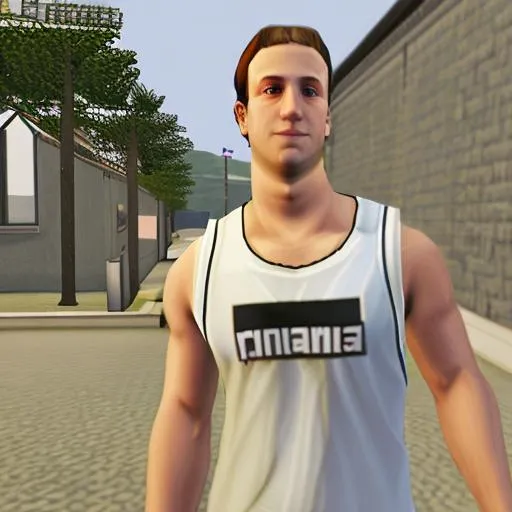 Prompt: Grand Theft Auto San Andreas (2004) awkward cutscene mod featuring ((Mark Zuckerberg)) cosplaying as CJ Carl Johnson from GTA San Andreas, white sleeveless tanktop, player model, grove st, mod, focus on face, protagonist, ghetto, psp screenshot, ps1 gameplay, Dreamcast graphics, San Andreas Mod, GTA SA, Compton, curly Caesar haircut, Ps2, meme