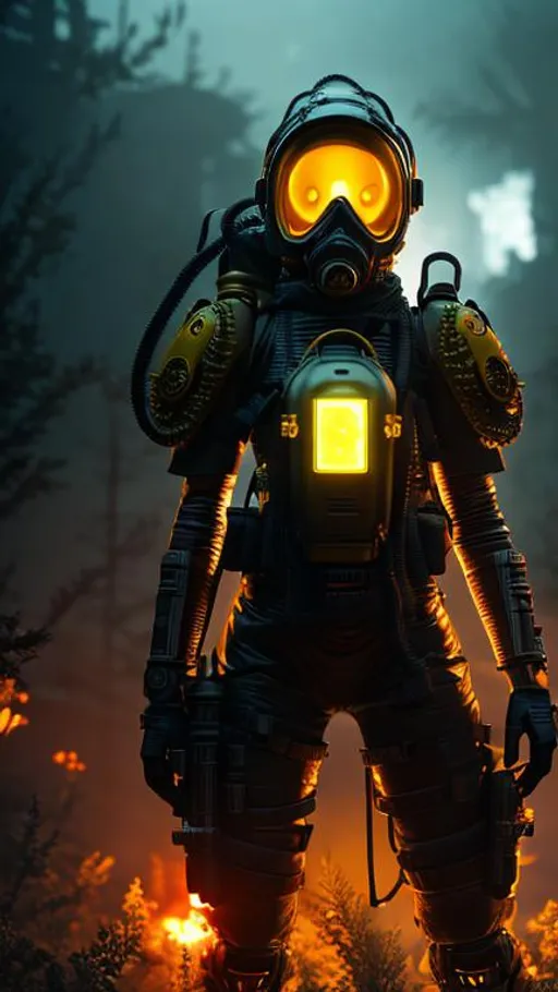 Prompt: A female survivor in a yellow hazmat suit and a black gas mask covering her entire face, standing on a hill from which only a glowing flower blooms creepy atmosphere,extremly epic and stunning,insanely detailed,cinematic lighting,intricate filigree design,4k,8k,unreal engine,octane render