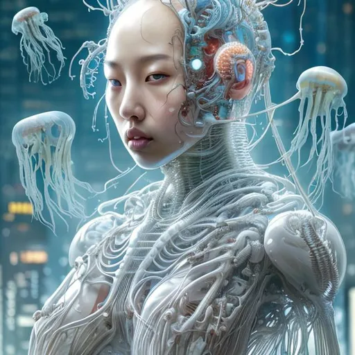 Prompt: "young asian woman, iris van herpen, beautiful face, perfect symmetrical body, full body shot, inflateble shapes, wires, tubes, veins, jellyfish, white biomechanical details, wearing epic bionic cyborg implants, masterpiece, intricate, biopunk, vogue, highly detailed, artstation, concept art, cyberpunk, octane render"