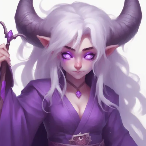 Prompt: dnd a cute purple female demon with long messy white hair and silver eyes wearing purple and white robes