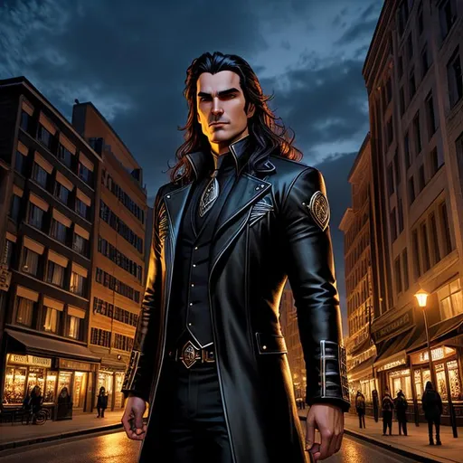 Prompt: Contemporary wizard inspired by "Dresden Files", detailed symmetrical face, detailed comic book art style, city at night style background, well lit by street lights, vampire, real, alive, real skin textures,