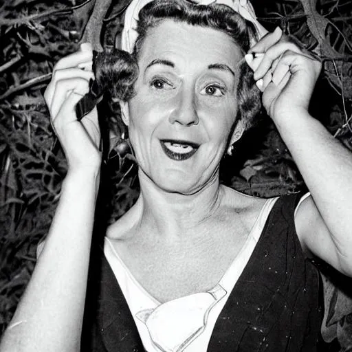 Prompt: Photo of a 50s Woman of 50s with flash light In a forest 