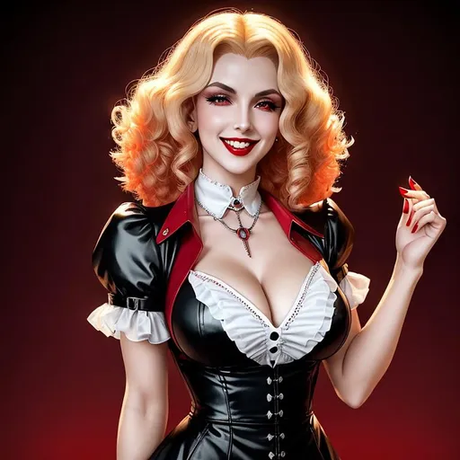 Prompt: Female vampire inspired by Alucard from Hellsing, 1950's housewife, wearing Short Sleeve polka dot Dress, ({short curly blonde hair} with red highlights), she is looking down at the viewer, vampire the masquerade, detailed symmetrical face, attractive face, full body picture, vicious grin showing perfect teeth, side eye, cyberpunk night time style background, well lit by street lights, vampire, Clan Tremere