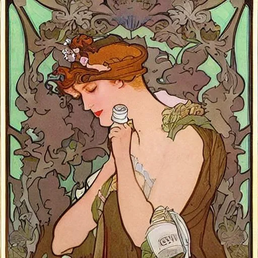 Prompt: Woman drinking coffee, Mucha style