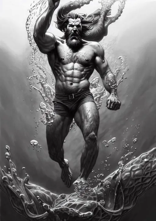 Prompt: a bearded male humanoid posing under water, hyper-detailed pencil drawing, Mark Brooks and Dan Mumford, comic book art, perfect, smooth Hyperrealistic, splash art, concept art, full body, intricately detailed, detailed line art, dramatic, top light, gothic architecture in background, Frank Frazetta, Boris Vallejo 