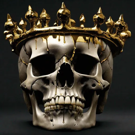 Prompt: A photo of a human skull wearing a golden crown. The skull is old and decaying, the mouth of the skull is hanging open. The crown is tilted and melting and dripping down the skull. The image of the skull wearing the crown is suspended in mid air with a black background.