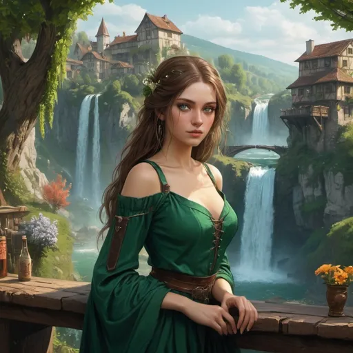 Prompt: Very beatiful princess girl, emerald green eyes, art of French Renaissance artists, full hd, cyberpunk but 1970s view, nature and flowers, a flowing waterfall in the background, a 100-storey ancient walnut tree, a tavern from the Witcher universe,