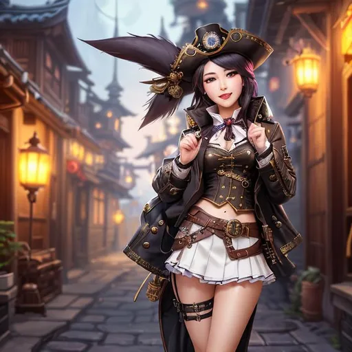 Prompt: a steampunk korean in a short skirt and jacket standing in a alley, fantasy character art, cruel korean goth girl, female pirate captain, cheerful expression, bodybuilding blacksmith, cute:2, inspired by Dong Qichang, with a cute steampunk calico cat, official splash art, evil smile
