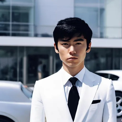 Prompt: A young japanese guy with black hair in white suit who are the billionaire he standing in front of the building beside have a rolls royce car and he look up into the blue sky 
