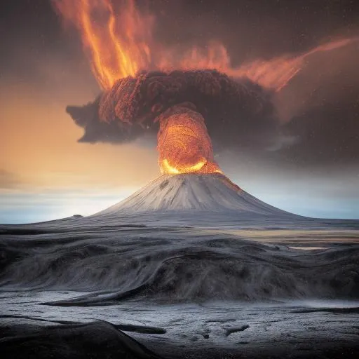 Prompt: Photo of a powerful Volcanic eruption in Iceland of Volcano Hekla, Photorealistic, intricate details. HDR, UHD 32K. taken with Canon 5D Mk4. By chimera of all the best artists. High quality photography of volcano, Natural light, Professional photography. Golden ratio. Epic scenery, epic light, big contrast. Hyper realistic 4d. dawn, Incandescent, 16k, Unreal Engine, Volumetric Lighting, Ray Tracing Global Illumination