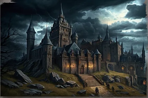 Prompt: Warhammer RPG-style illustration of a massive castle, detailed stonework and towering spires, ominous stormy sky, high-quality digital painting, dark fantasy, gothic architecture, dramatic lighting, epic scale, menacing atmosphere, atmospheric lighting, detailed textures, chaotic battle scene, fantasy, RPG, sinister tones, intricate details, grandiose design