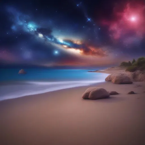 Prompt: Night sky at a beach, with Andromeda galaxy, vibrant colors, professional photo, 4K, realistic, highly detailed