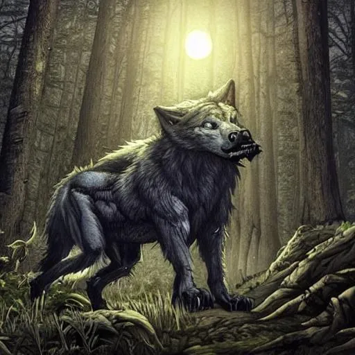 Prompt: A large werewolf with massive fangs in a dark forest at night  standing over a freshly killed monster 