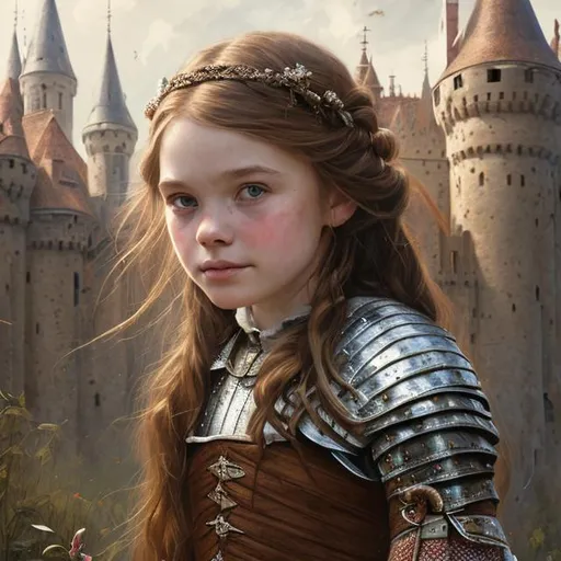 Prompt: Portrait of {a girl in Medieval dress} with {brown} hair and with cute face, {castle}, perfect composition, hyperrealistic, super detailed, 8k, high quality, trending art, trending on artstation, sharp focus, studio photo, intricate details, highly detailed, by greg rutkowski