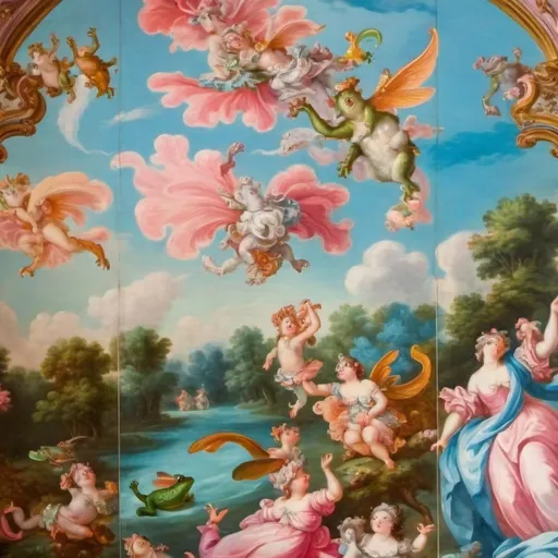 Prompt: A large rococo style ceiling fresco but all the people are frogs. The realistic frogs are dressed in flowing fabrics and some have angel wings. The frogs are green. The frogs have clothes like those of Greek gods and goddesses. The frogs are small and there are many of them.  The frogs talk amongst themselves, play music, look at other frogs on the other side of the painting. It has beautiful blue and pink hues that make it feel dreamy and warm. The sky is blue the clouds are pink. The colors are not over saturated. The camera is pointing straight up at the ceiling with the fresco taking up the space in the photo 