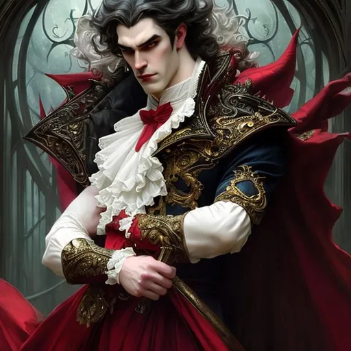 Prompt: Full body splash art of male vampire, handsome, white wavy hair, pale skin, red eyes, victorian noble clothes, elegant, highly detailed, intricate, smooth, sharp focus, artstation, digital painting, concept art, art by greg rutkowski, alphonse mucha and John William Waterhouse, dark, eerie, gothic, creepy, romantic