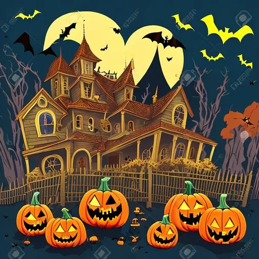 Prompt: kids illustration,spooky halloween with pumpkin zombie bats and old-house in-background, cartoon style, thick lines, vivid color --ar-85:110