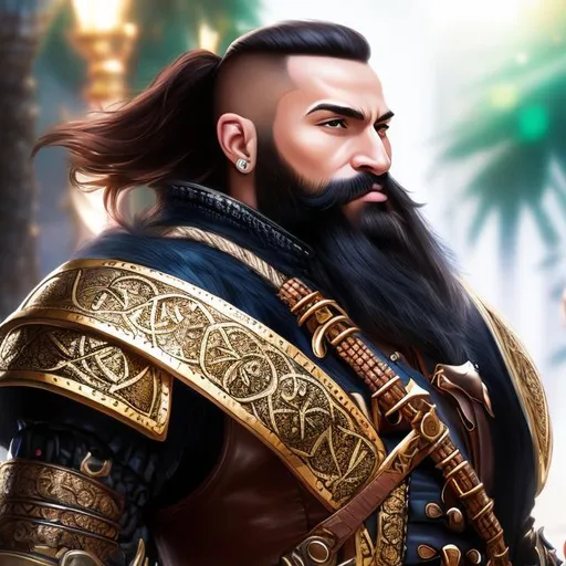 Prompt: Anime, portrait, Dwarf gigachad, black beard, long beard, short hair, (bald), facing the camera, (frontal view), black leather swashbuckler coat, beard ornaments 