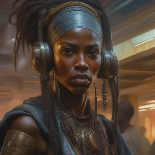 Prompt: African cyberpunk futuristic cyborg battle orientalist portrait by john william waterhouse and james gurney and theodore ralli and nasreddine dinet, oil on canvas. cinematic, hyper realism, realistic proportions, dramatic lighting, high detail 4 k