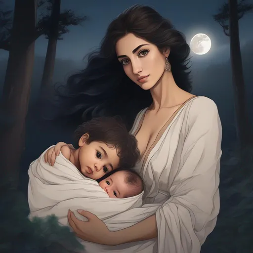 Prompt: highest quality anime art masterpiece, digital drawing, Azerbaijani woman with long black thick wavy messy hair:vistani, carrying a bald newborn baby boy in her arms, round face, broad cheeks, sad in a forest on a dark foggy night, big brown eyes, tanned skin:2, waxing moon, huge long wide broad hooked greek aquiline algerian oriental arabic nose, flat chest, ethereal, jewelry set, highres, realistic, highly detailed, fantasy, gypsy, roma, D&D, Ravenloft, by Ilya Kuvshinov