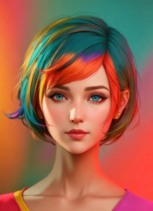 Prompt:  A portrait of a short hair woman based on the colorful expressive work of sara moon photography unreal engine