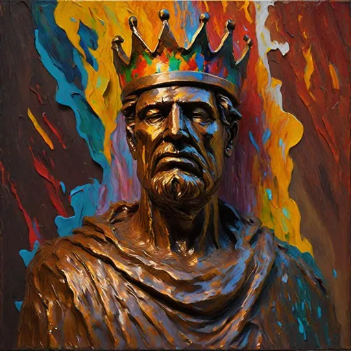 Prompt: bronze statue of a king melting and on fire neo-impressionism expressionist style oil painting, smooth post-impressionist impasto acrylic painting, thick layers of colourful textured paint sinister by Greg Rutkowski