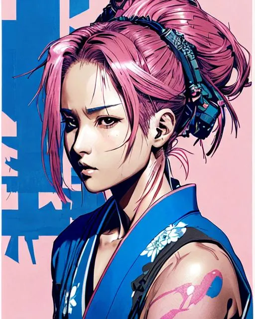 Prompt: (((Yoji Shinkawa))), sticker of ultra detailed portrait of Naomi Scott in blue japanese kimono,Kanzashi pink head accessories, high quality cell shaded illustration in post apocalyptic style by Yoji Shinkawa,(((sitting kneeling pose))), ((zoomed in face)),  (((katana))), (((Detailed hands))),perfect anatomy, centered, freedom, soul, pink long hair, approach to perfection, cell shading, 4k , cinematic dramatic atmosphere, watercolor painting, global illumination, detailed and intricate environment, artstation, concept art, fluid and sharp focus, volumetric lighting, cinematic lighting, Art by Yoji Shinkawa and by Ilya Kuvshinov 